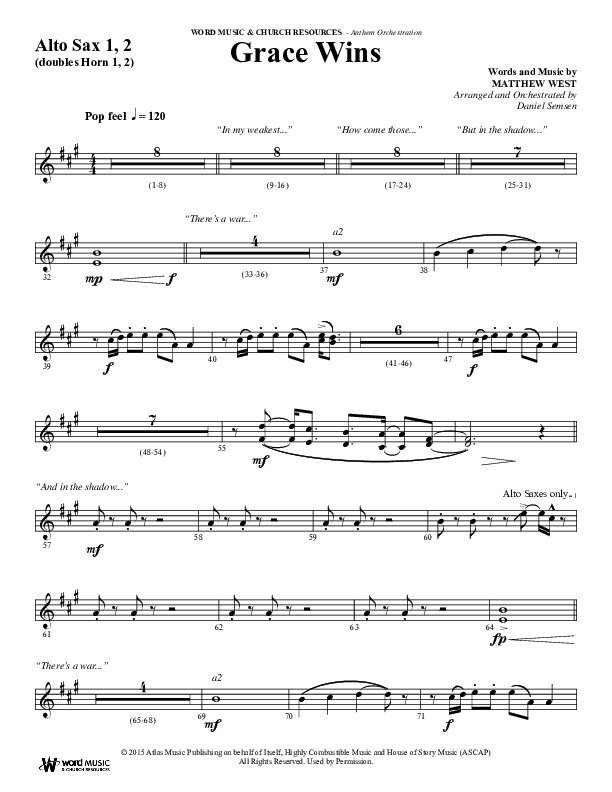 Grace Wins (Choral Anthem SATB) Alto Sax 1/2 (Word Music Choral / Arr. Daniel Semsen)