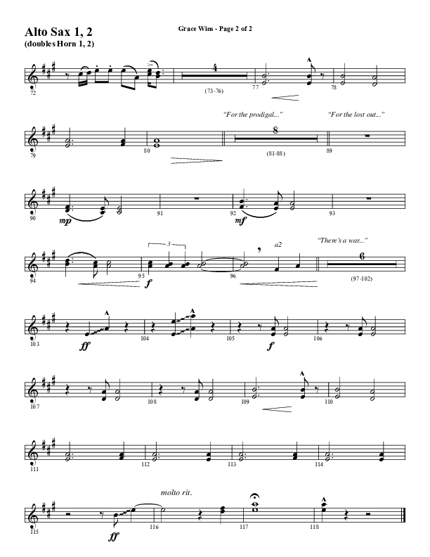 Grace Wins (Choral Anthem SATB) Alto Sax 1/2 (Word Music Choral / Arr. Daniel Semsen)