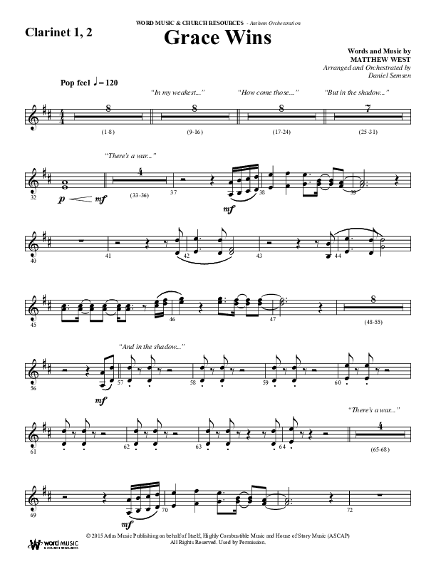 Grace Wins (Choral Anthem SATB) Clarinet 1/2 (Word Music Choral / Arr. Daniel Semsen)