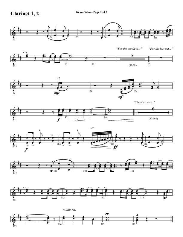 Grace Wins (Choral Anthem SATB) Clarinet 1/2 (Word Music Choral / Arr. Daniel Semsen)