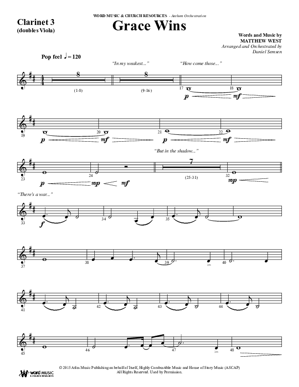 Grace Wins (Choral Anthem SATB) Clarinet 3 (Word Music Choral / Arr. Daniel Semsen)