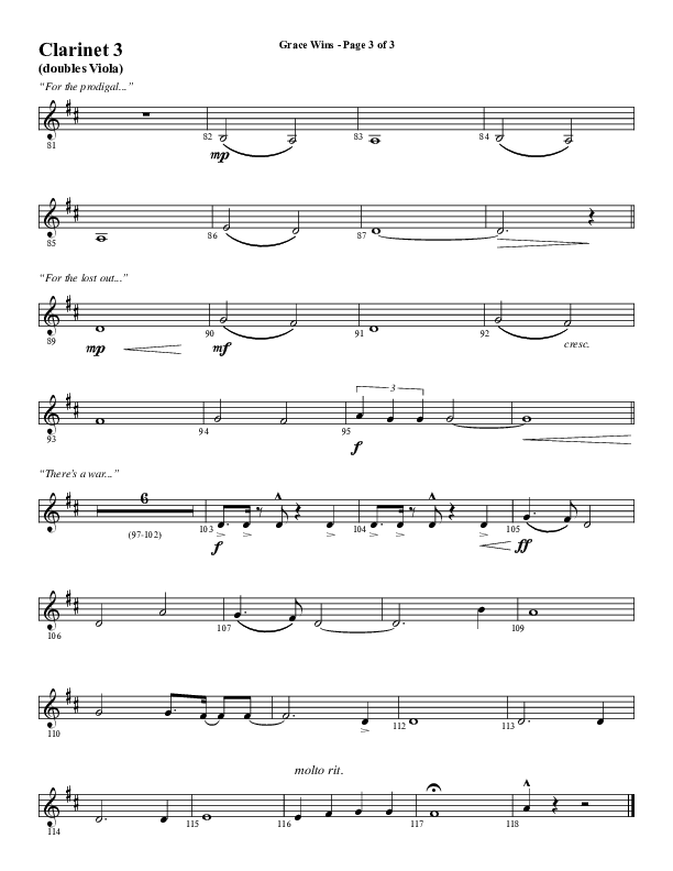 Grace Wins (Choral Anthem SATB) Clarinet 3 (Word Music Choral / Arr. Daniel Semsen)