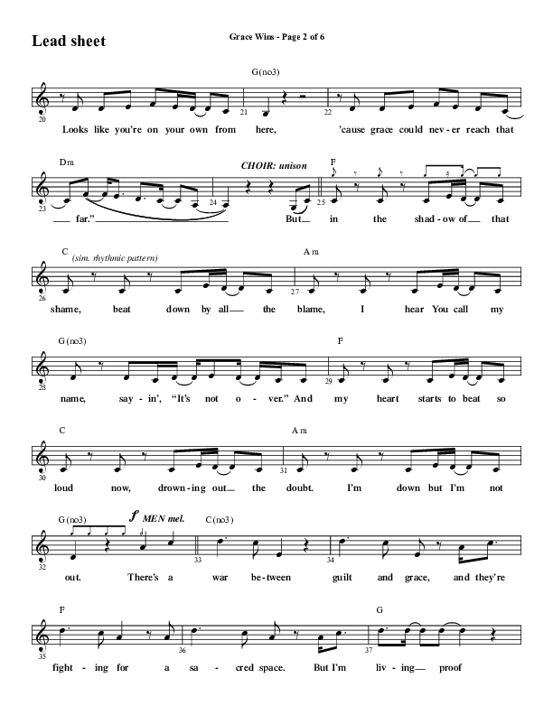 Grace Wins (Choral Anthem SATB) Lead Sheet (Melody) (Word Music Choral / Arr. Daniel Semsen)