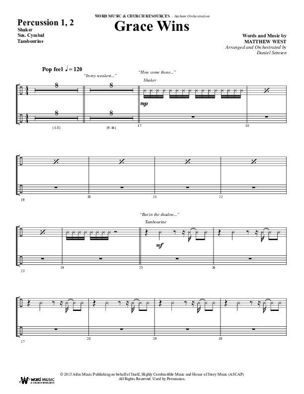 Grace Wins (Choral Anthem SATB) Percussion (Word Music Choral / Arr. Daniel Semsen)
