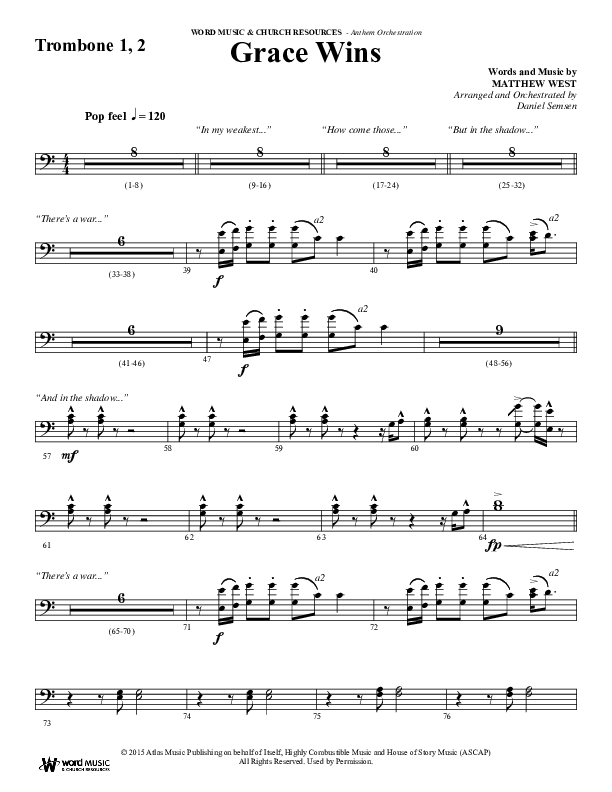 Grace Wins (Choral Anthem SATB) Trombone 1/2 (Word Music Choral / Arr. Daniel Semsen)