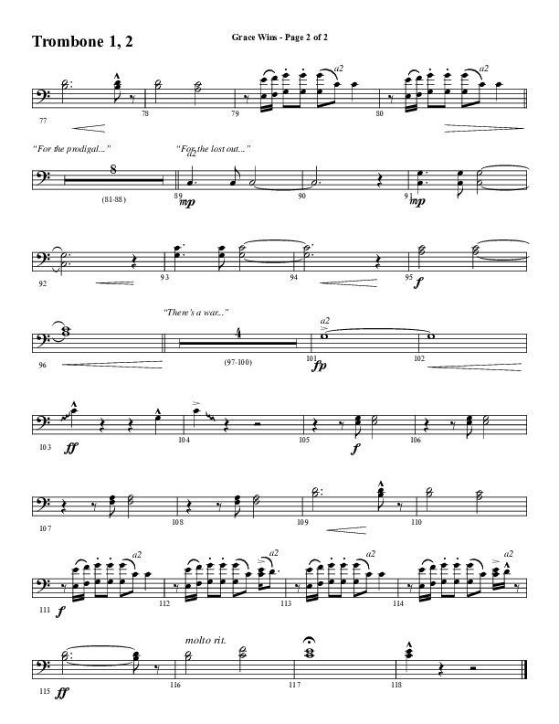 Grace Wins (Choral Anthem SATB) Trombone 1/2 (Word Music Choral / Arr. Daniel Semsen)
