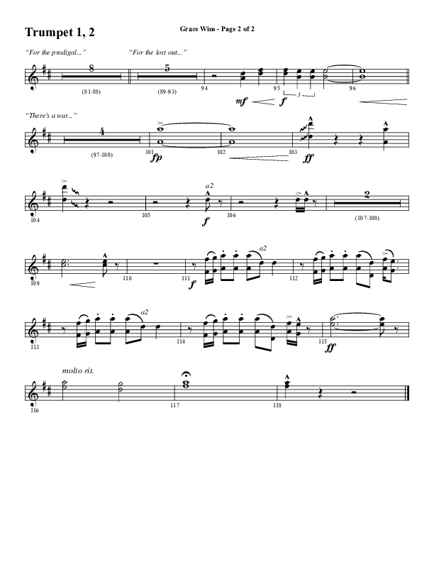 Grace Wins (Choral Anthem SATB) Trumpet 1,2 (Word Music Choral / Arr. Daniel Semsen)