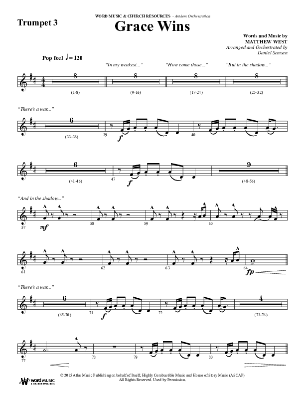 Grace Wins (Choral Anthem SATB) Trumpet 3 (Word Music Choral / Arr. Daniel Semsen)