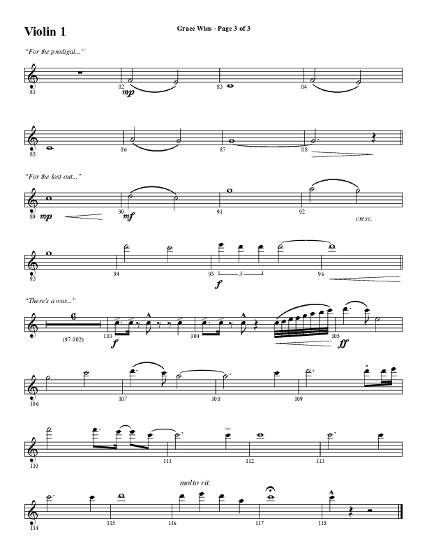 Grace Wins (Choral Anthem SATB) Violin 1 (Word Music Choral / Arr. Daniel Semsen)
