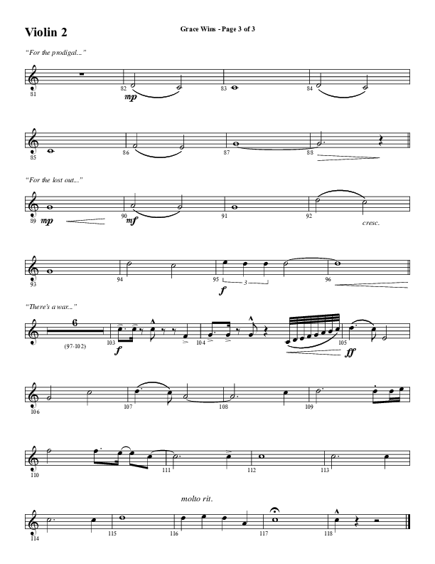 Grace Wins (Choral Anthem SATB) Violin 2 (Word Music Choral / Arr. Daniel Semsen)