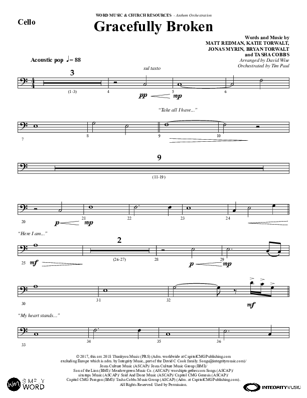 Gracefully Broken (Choral Anthem SATB) Cello (Word Music Choral / Arr. David Wise)