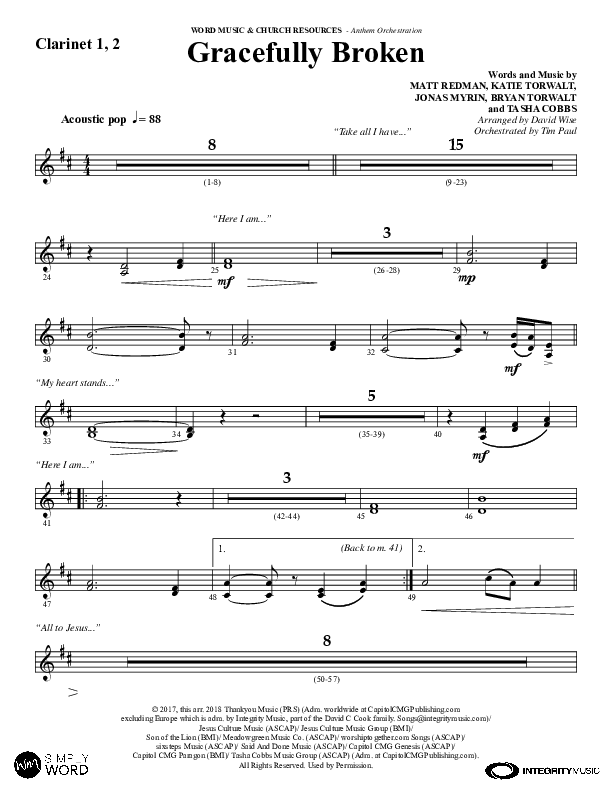 Gracefully Broken (Choral Anthem SATB) Clarinet 1/2 (Word Music Choral / Arr. David Wise)