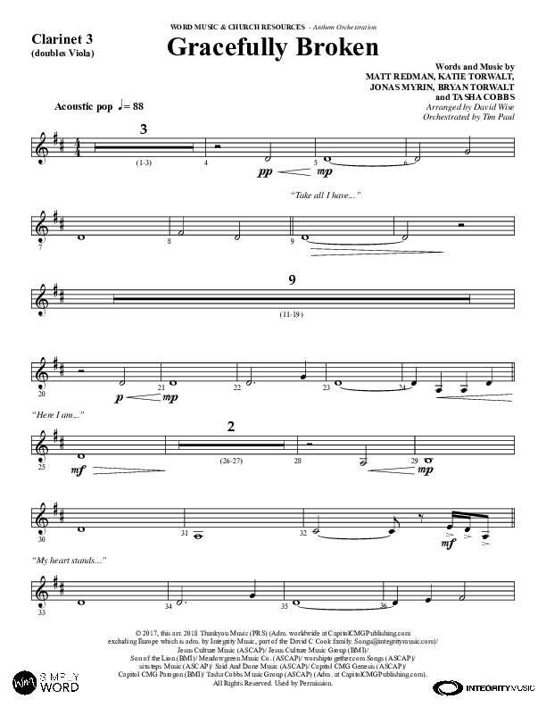 Gracefully Broken (Choral Anthem SATB) Clarinet 3 (Word Music Choral / Arr. David Wise)