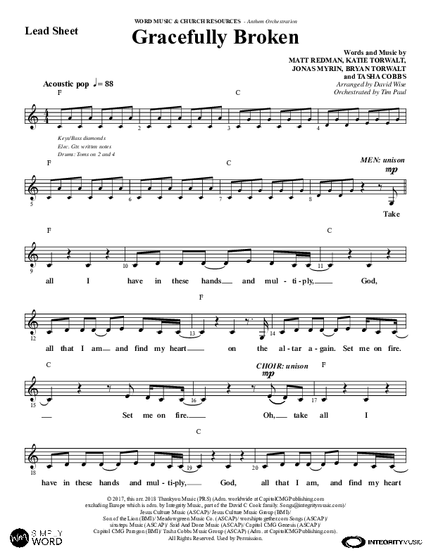 Gracefully Broken (Choral Anthem SATB) Lead Sheet (Melody) (Word Music Choral / Arr. David Wise)