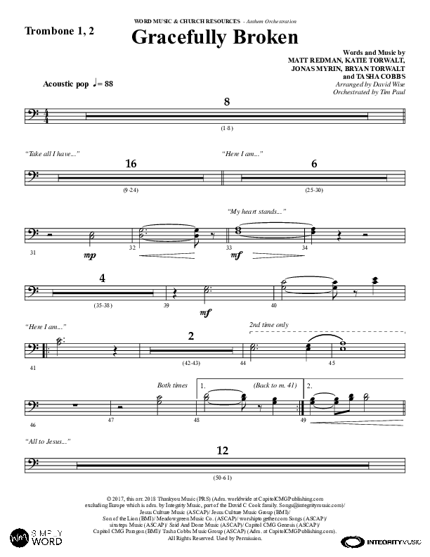 Gracefully Broken (Choral Anthem SATB) Trombone 1/2 (Word Music Choral / Arr. David Wise)
