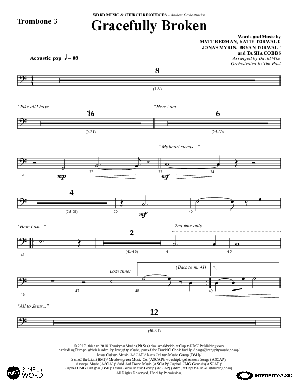 Gracefully Broken (Choral Anthem SATB) Trombone 3 (Word Music Choral / Arr. David Wise)