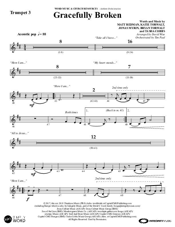 Gracefully Broken (Choral Anthem SATB) Trumpet 3 (Word Music Choral / Arr. David Wise)