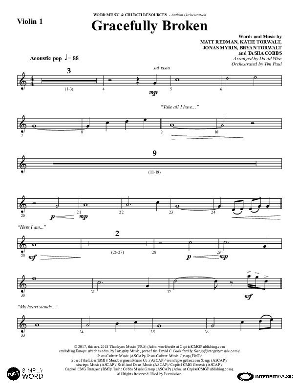 Gracefully Broken (Choral Anthem SATB) Violin 1 (Word Music Choral / Arr. David Wise)