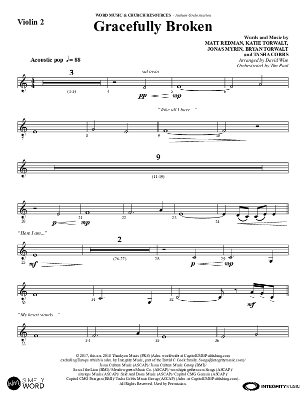 Gracefully Broken (Choral Anthem SATB) Violin 2 (Word Music Choral / Arr. David Wise)