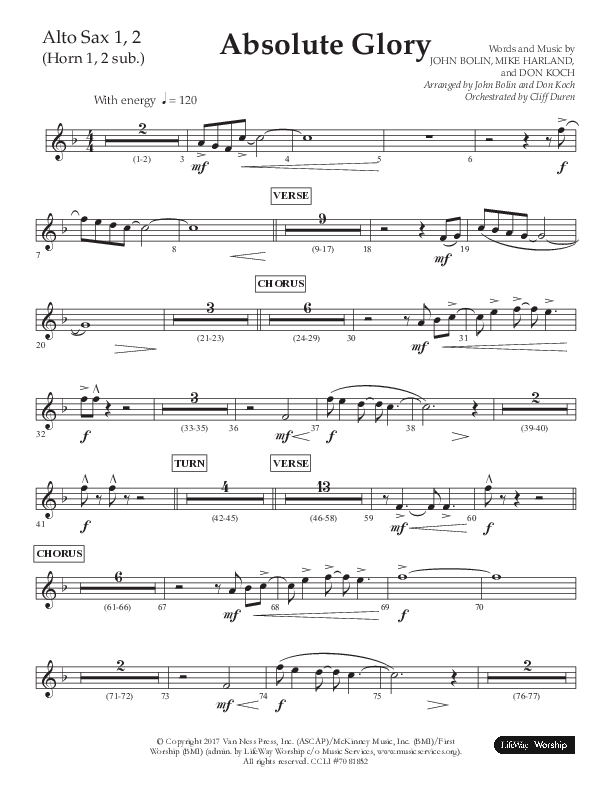Absolute Glory (Choral Anthem SATB) Alto Sax 1/2 (Lifeway Choral / Arr. John Bolin / Arr. Don Koch)