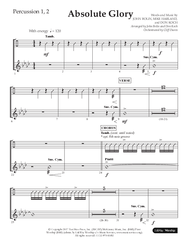 Absolute Glory (Choral Anthem SATB) Percussion 1/2 (Lifeway Choral / Arr. John Bolin / Arr. Don Koch)