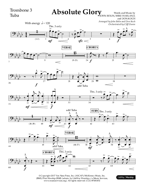 Absolute Glory (Choral Anthem SATB) Trombone 3/Tuba (Lifeway Choral / Arr. John Bolin / Arr. Don Koch)