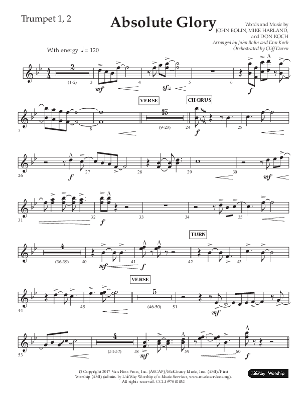 Absolute Glory (Choral Anthem SATB) Trumpet 1,2 (Lifeway Choral / Arr. John Bolin / Arr. Don Koch)