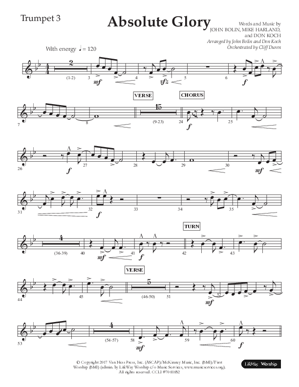 Absolute Glory (Choral Anthem SATB) Trumpet 3 (Lifeway Choral / Arr. John Bolin / Arr. Don Koch)