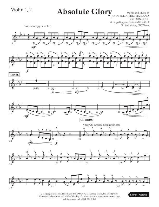 Absolute Glory (Choral Anthem SATB) Violin 1/2 (Lifeway Choral / Arr. John Bolin / Arr. Don Koch)
