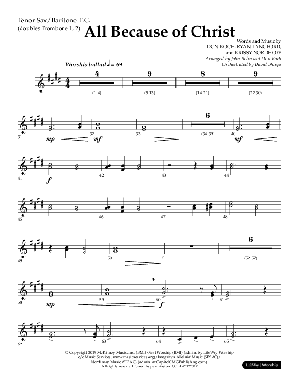 All Because Of Christ (Choral Anthem SATB) Tenor Sax/Baritone T.C. (Lifeway Choral / Arr. John Bolin / Arr. Don Koch)