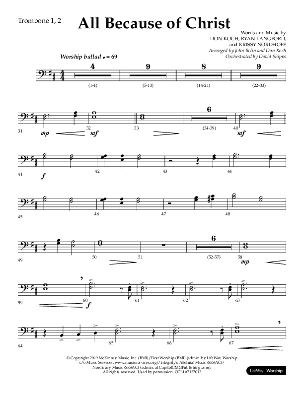 All Because Of Christ (Choral Anthem SATB) Trombone 1/2 (Lifeway Choral / Arr. John Bolin / Arr. Don Koch)