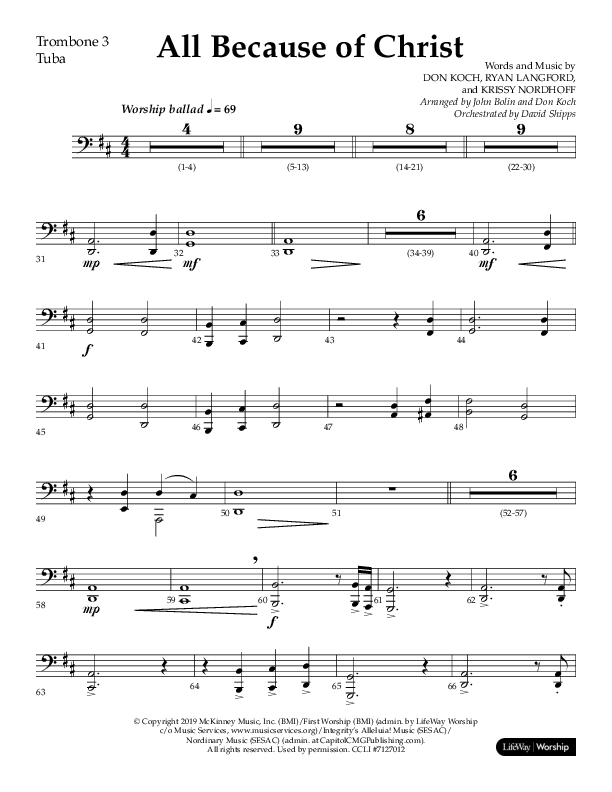 All Because Of Christ (Choral Anthem SATB) Trombone 3/Tuba (Lifeway Choral / Arr. John Bolin / Arr. Don Koch)