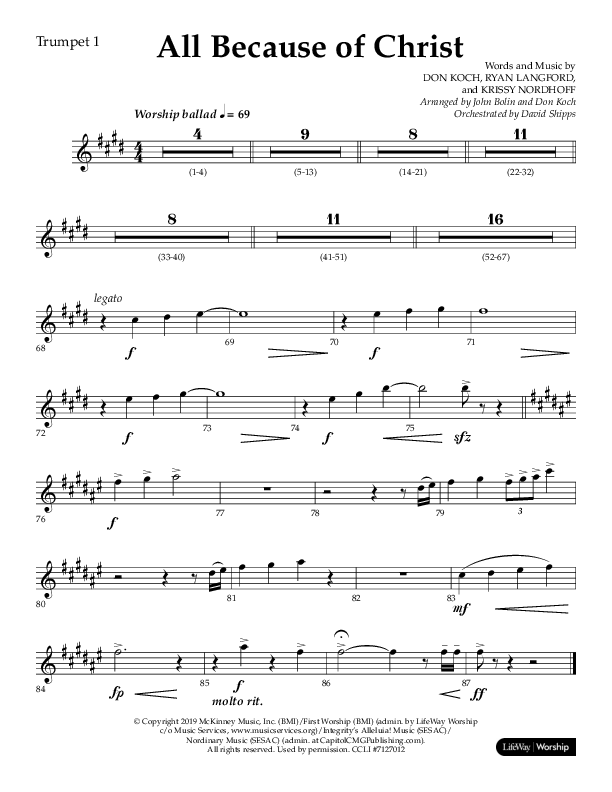 All Because Of Christ (Choral Anthem SATB) Trumpet 1 (Lifeway Choral / Arr. John Bolin / Arr. Don Koch)