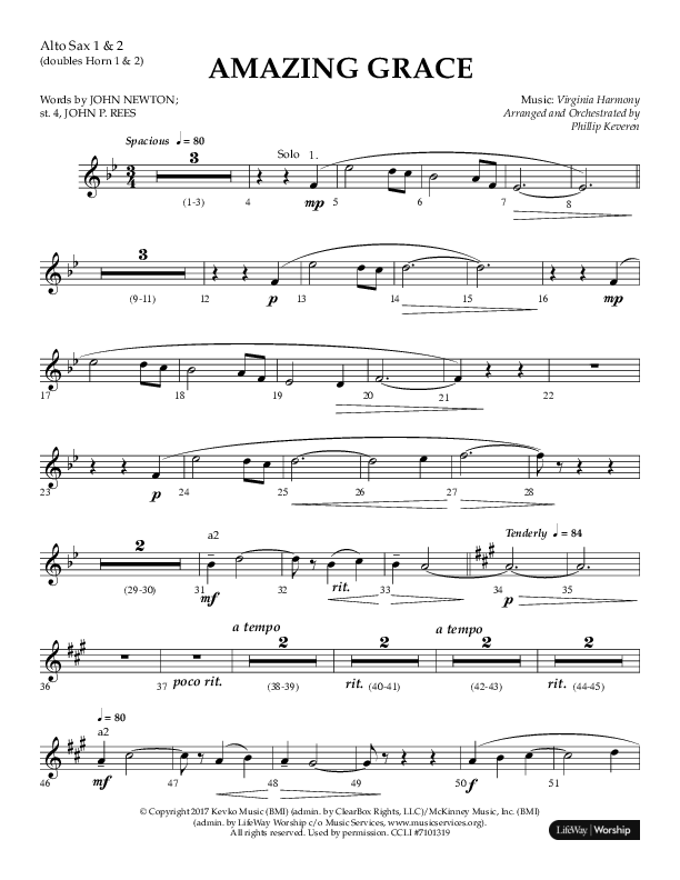 Amazing Grace (Choral Anthem SATB) Alto Sax 1/2 (Lifeway Choral / Arr. Phillip Keveren)