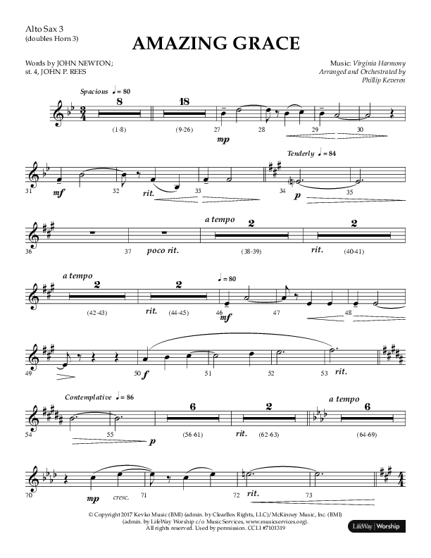 Amazing Grace (Choral Anthem SATB) Alto Sax (Lifeway Choral / Arr. Phillip Keveren)