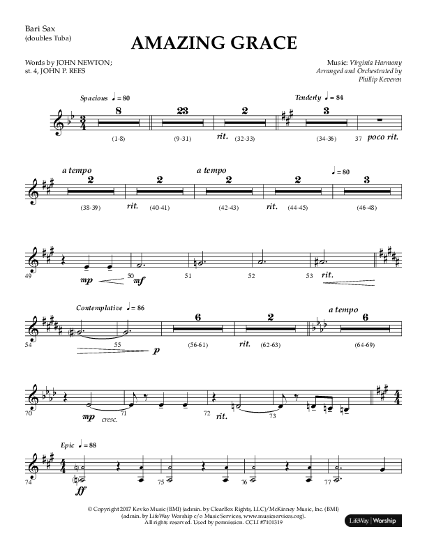 Amazing Grace (Choral Anthem SATB) Bari Sax (Lifeway Choral / Arr. Phillip Keveren)