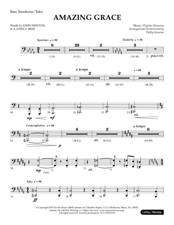 Amazing Grace (Choral Anthem SATB) Bass Trombone, Tuba (Lifeway Choral / Arr. Phillip Keveren)