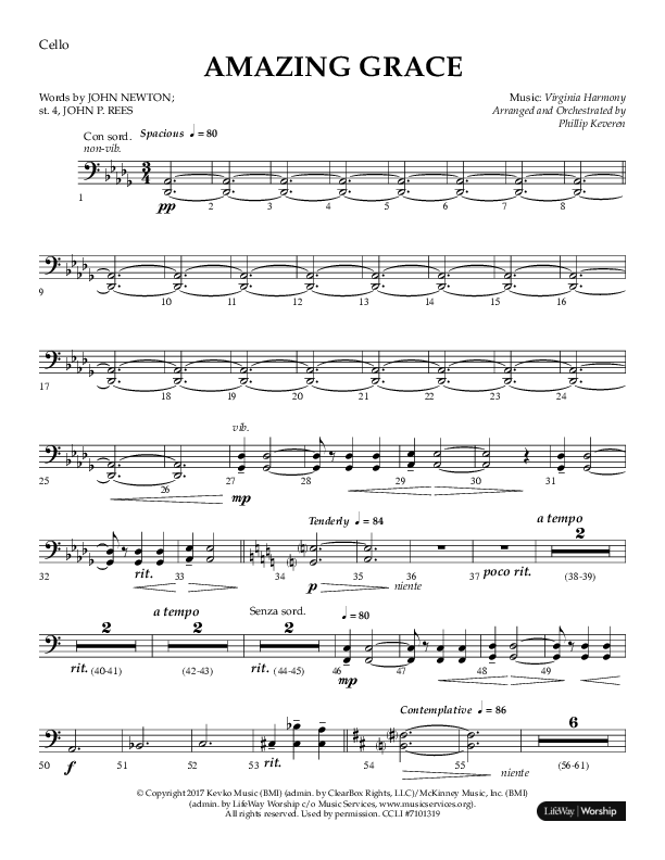 Amazing Grace (Choral Anthem SATB) Cello (Lifeway Choral / Arr. Phillip Keveren)