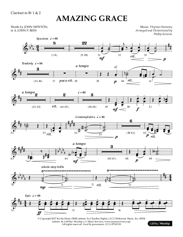 Amazing Grace (Choral Anthem SATB) Clarinet 1/2 (Lifeway Choral / Arr. Phillip Keveren)