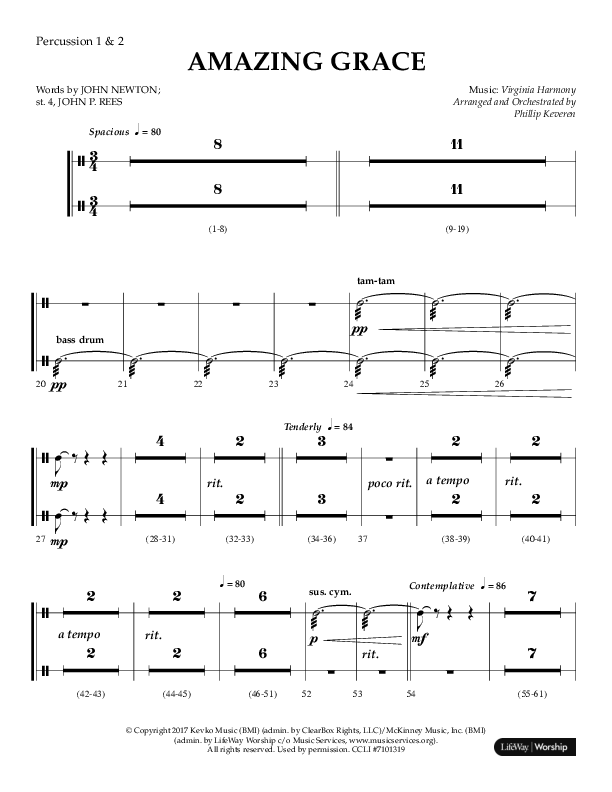 Amazing Grace (Choral Anthem SATB) Percussion 1/2 (Lifeway Choral / Arr. Phillip Keveren)