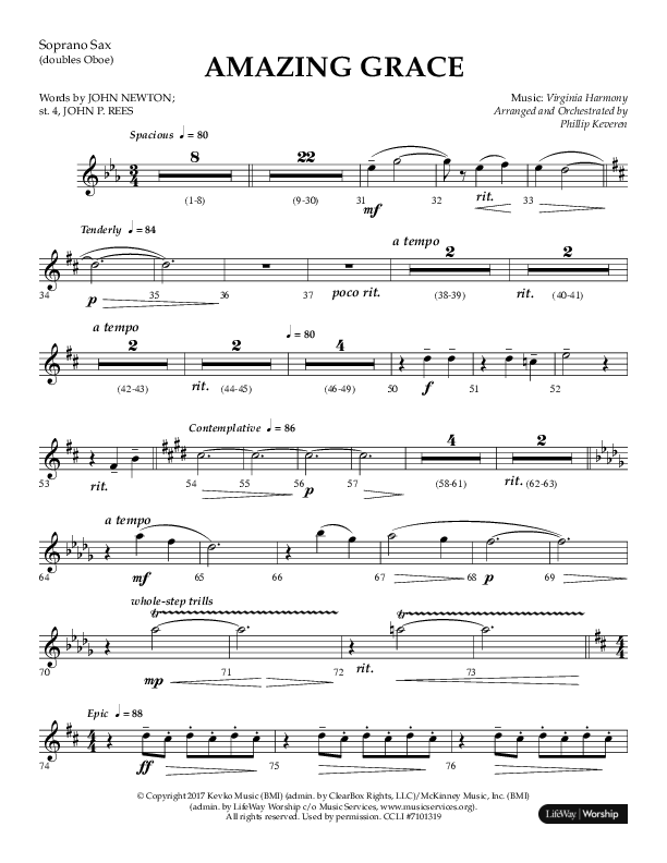 Amazing Grace (Choral Anthem SATB) Soprano Sax (Lifeway Choral / Arr. Phillip Keveren)