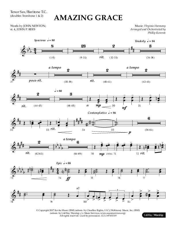 Amazing Grace (Choral Anthem SATB) Tenor Sax/Baritone T.C. (Lifeway Choral / Arr. Phillip Keveren)