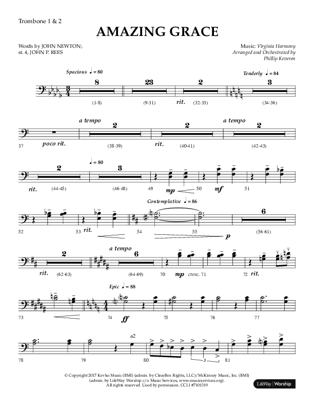 Amazing Grace (Choral Anthem SATB) Trombone 1/2 (Lifeway Choral / Arr. Phillip Keveren)