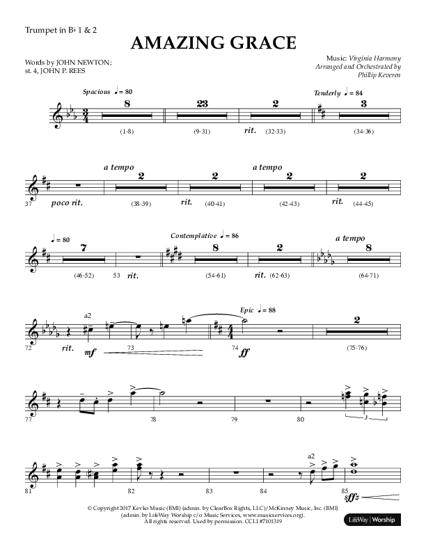 Amazing Grace (Choral Anthem SATB) Trumpet 1,2 (Lifeway Choral / Arr. Phillip Keveren)