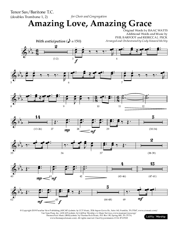 Amazing Love Amazing Grace (Choral Anthem SATB) Tenor Sax/Baritone T.C. (Lifeway Choral / Arr. Cody McVey)