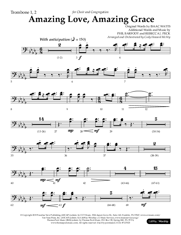 Amazing Love Amazing Grace (Choral Anthem SATB) Trombone 1/2 (Lifeway Choral / Arr. Cody McVey)