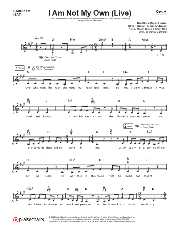 I Am Not My Own (Choral Anthem SATB) Lead Sheet (SAT) (Keith & Kristyn Getty / Skye Peterson / Arr. Mason Brown)
