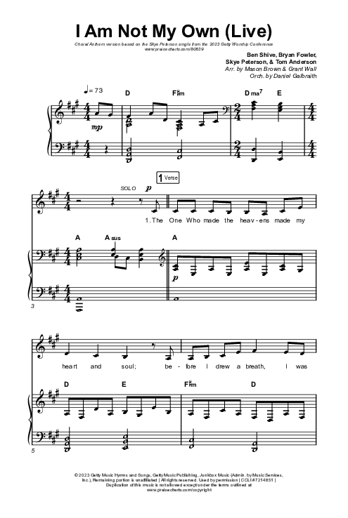I Am Not My Own (Choral Anthem SATB) Octavo (SATB & Pno) (Keith & Kristyn Getty / Skye Peterson / Arr. Mason Brown)