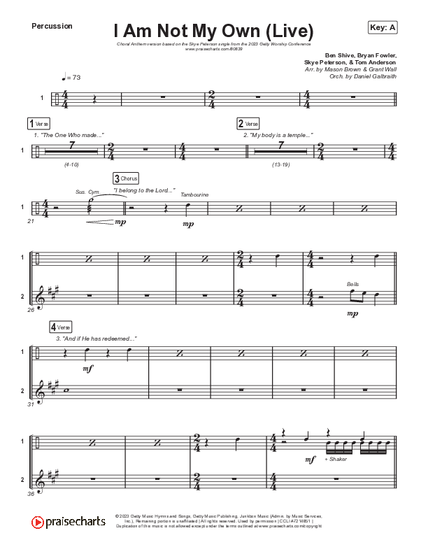 I Am Not My Own (Choral Anthem SATB) Percussion (Keith & Kristyn Getty / Skye Peterson / Arr. Mason Brown)