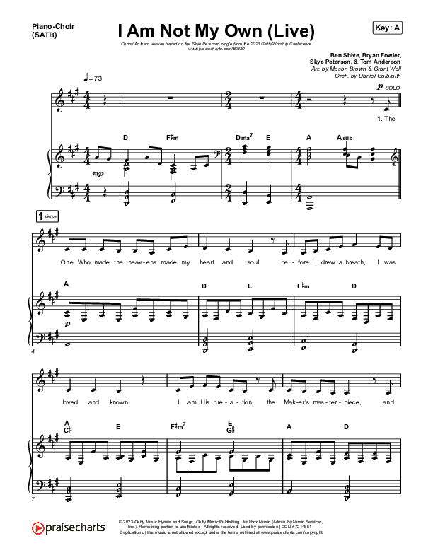 I Am Not My Own (Choral Anthem SATB) Piano/Vocal (SATB) (Keith & Kristyn Getty / Skye Peterson / Arr. Mason Brown)